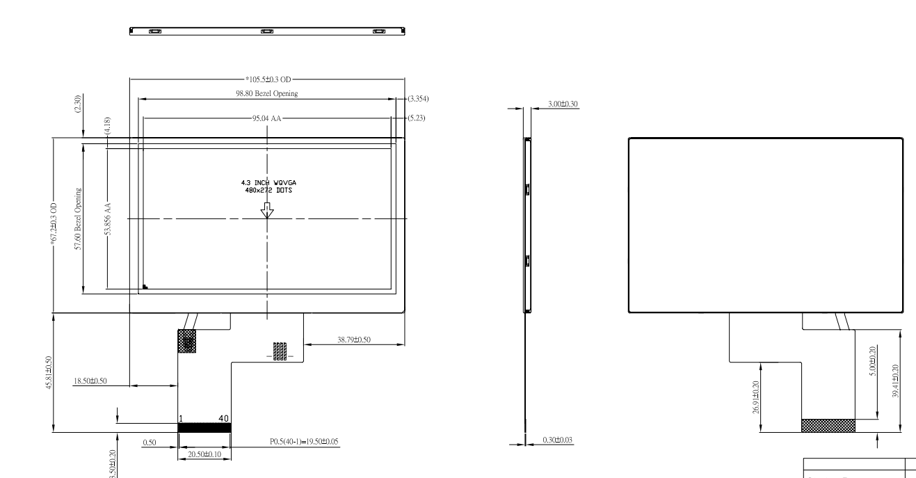 4.3 インチ HD IPS 800x480px TFT タッチスクリーンなし