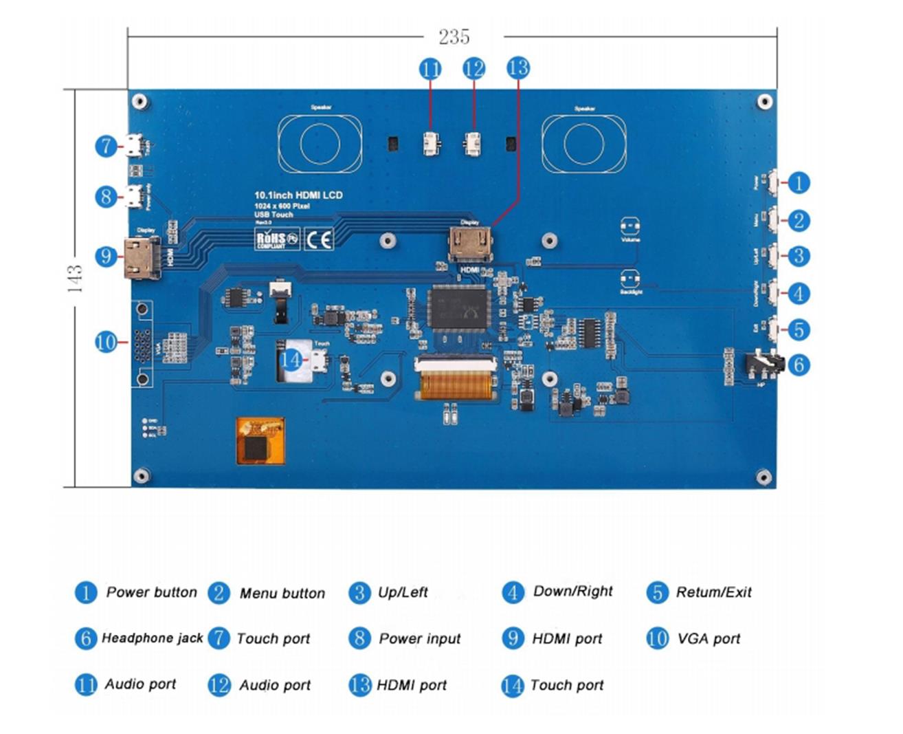10,1 Zoll IPS 1024 x 600 Pixel TFT mit hoher Helligkeit ohne Touchscreen