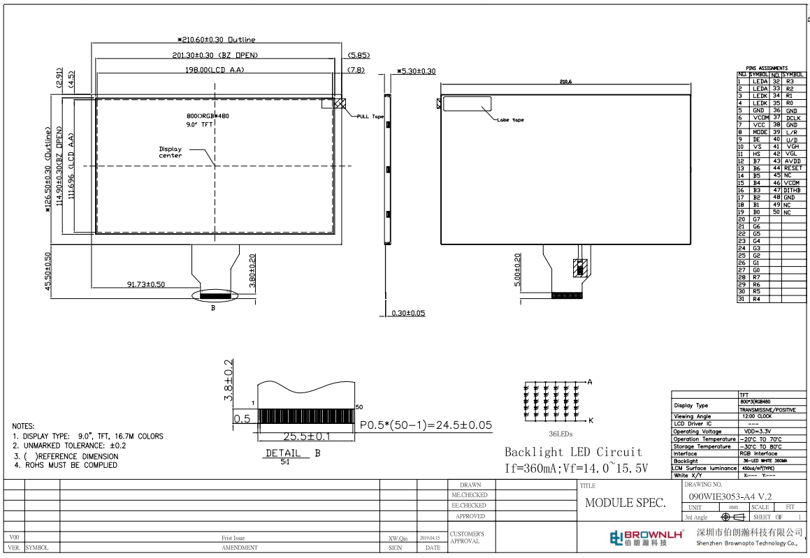 9.0 インチ標準 800x480px TFT タッチスクリーンなし