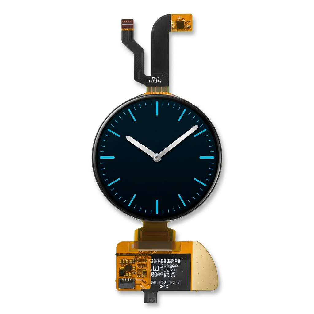 1.508-inch round wearable AMOLED module with illustrative analog clock on white