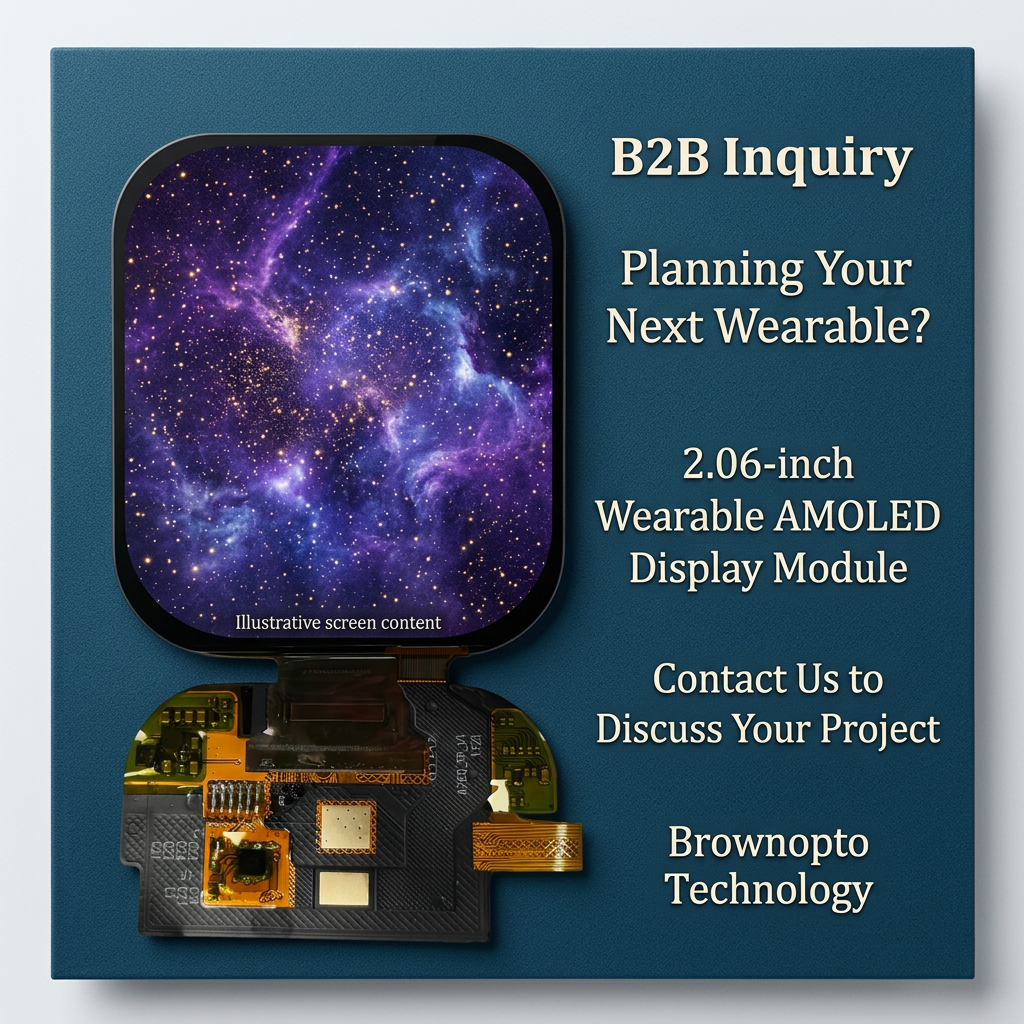 Brownopto 2.06-inch wearable AMOLED project inquiry with illustrative cosmic nebula screen