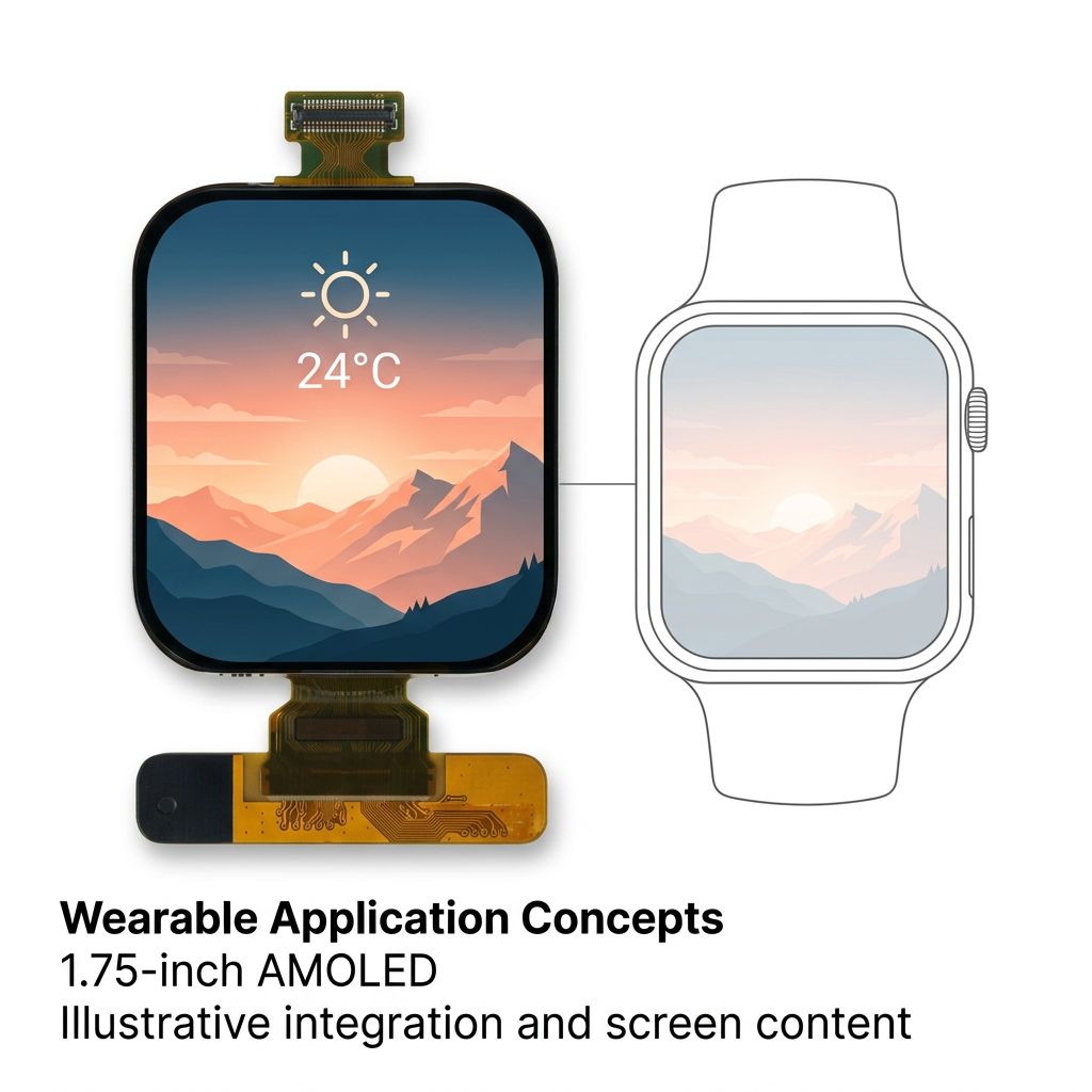 1.75-inch AMOLED wearable application concepts with illustrative sunrise weather screen