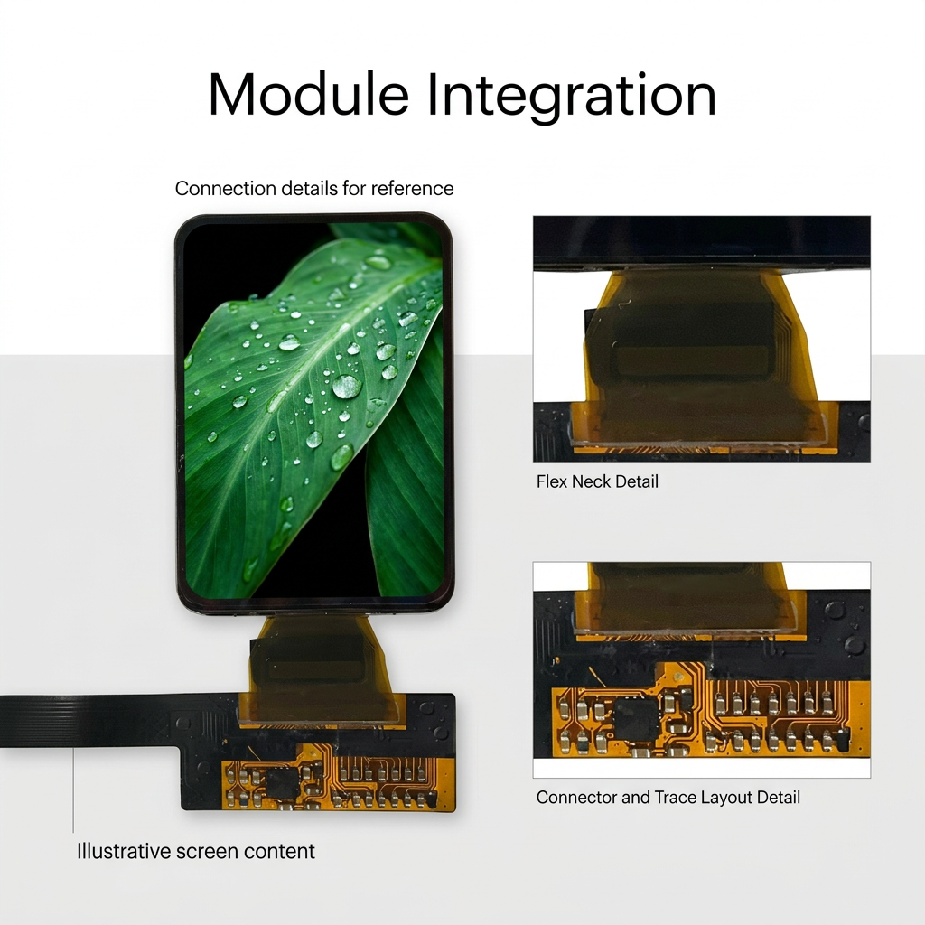 1.576-inch AMOLED flex and circuit details with illustrative green leaf screen