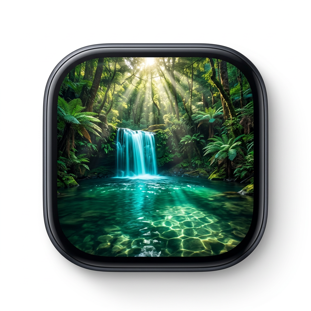 2.14-inch square wearable AMOLED display with illustrative waterfall screen on white