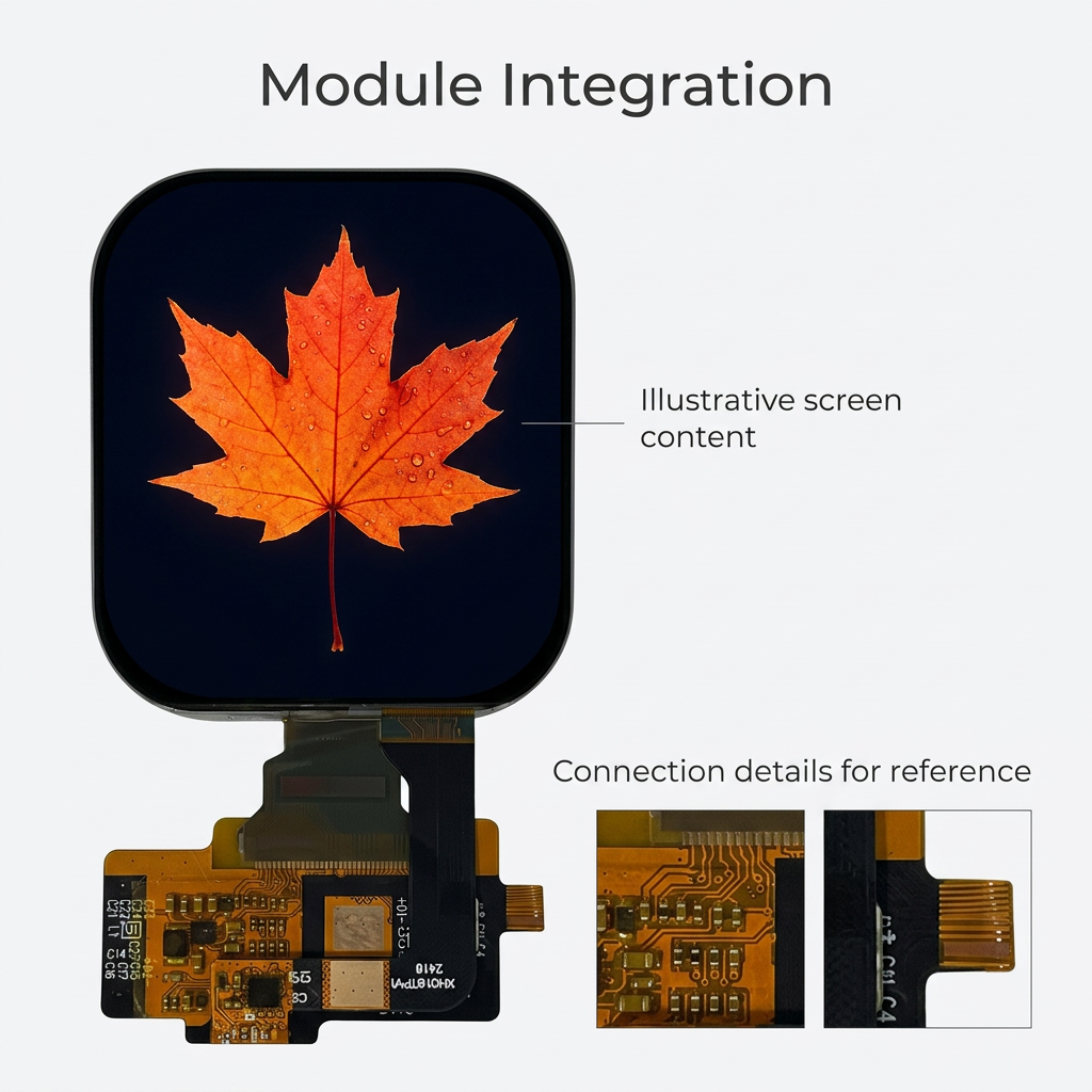2.04-inch AMOLED flex and circuit details with illustrative maple leaf screen