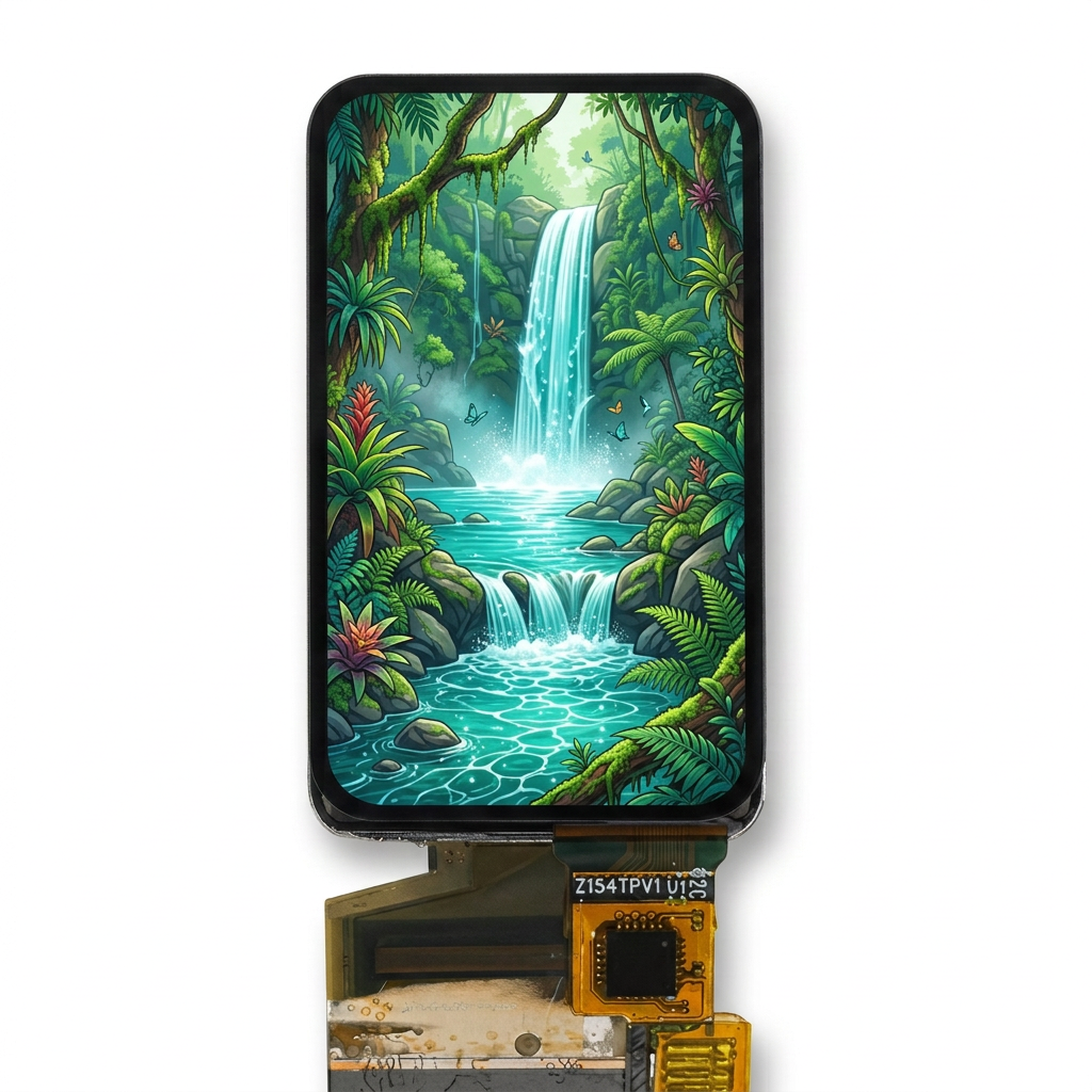 1.47-inch wearable AMOLED module with illustrative waterfall screen on white