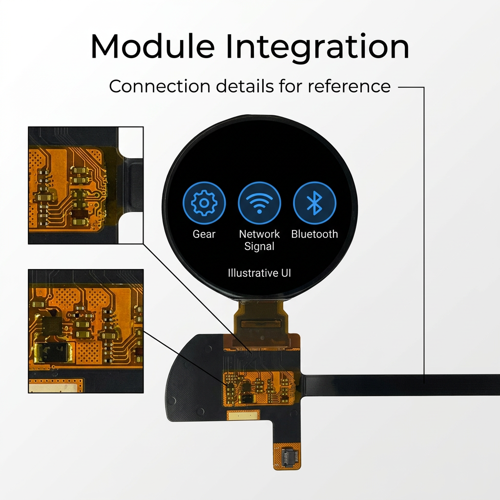 1.504-inch AMOLED module flex circuit details with illustrative settings screen