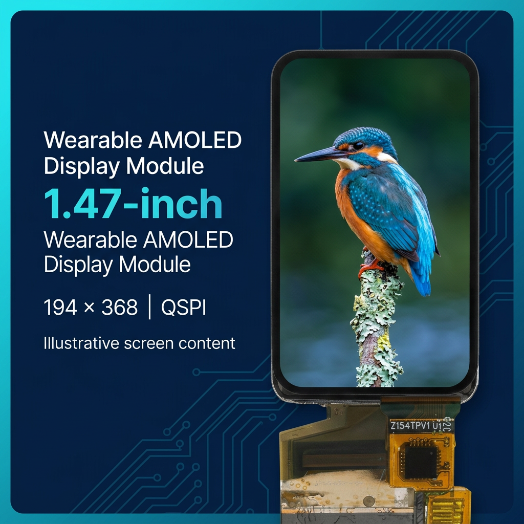 1.47-inch 194x368 QSPI AMOLED overview with illustrative kingfisher screen