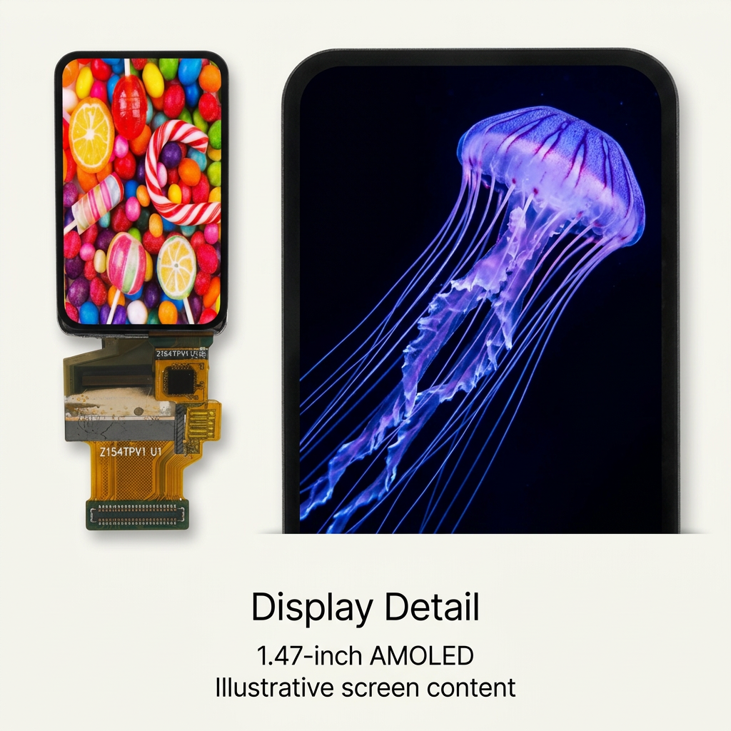 1.47-inch AMOLED display detail with illustrative purple jellyfish screen