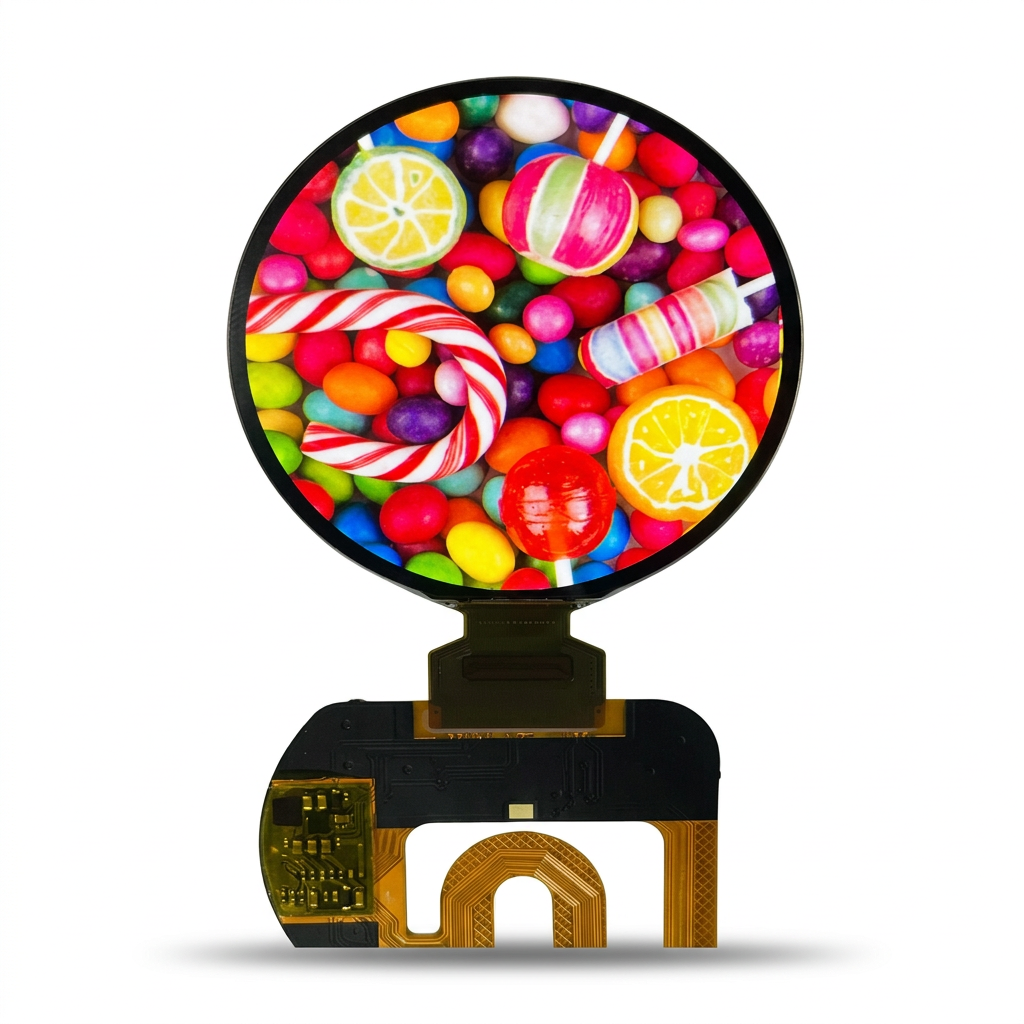 1.43-inch round wearable AMOLED display module on white background
