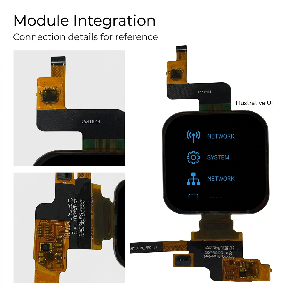 1.97-inch AMOLED module flex connection details with illustrative settings screen