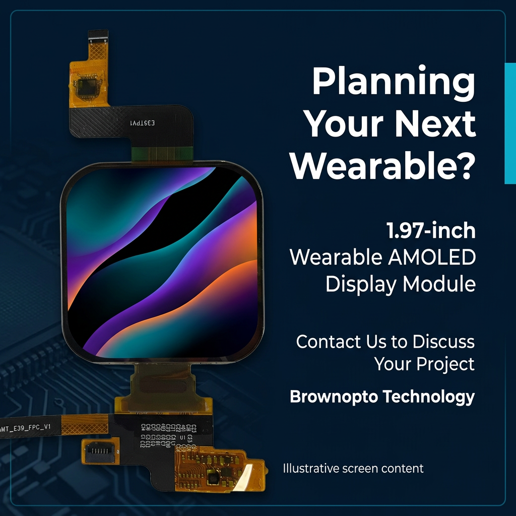Brownopto 1.97-inch wearable AMOLED project inquiry with illustrative gradient screen