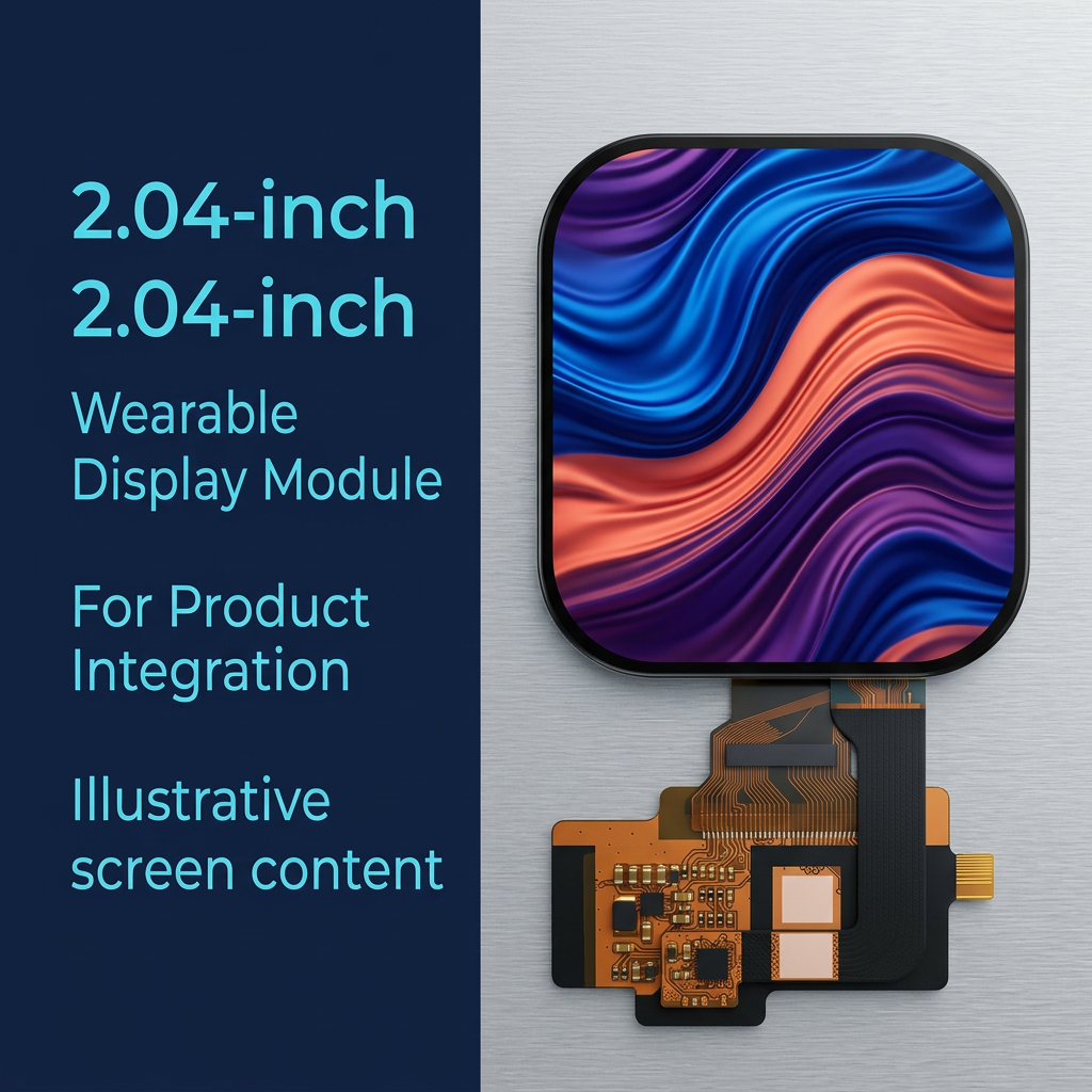 2.04-inch wearable AMOLED module overview with illustrative colorful abstract waves