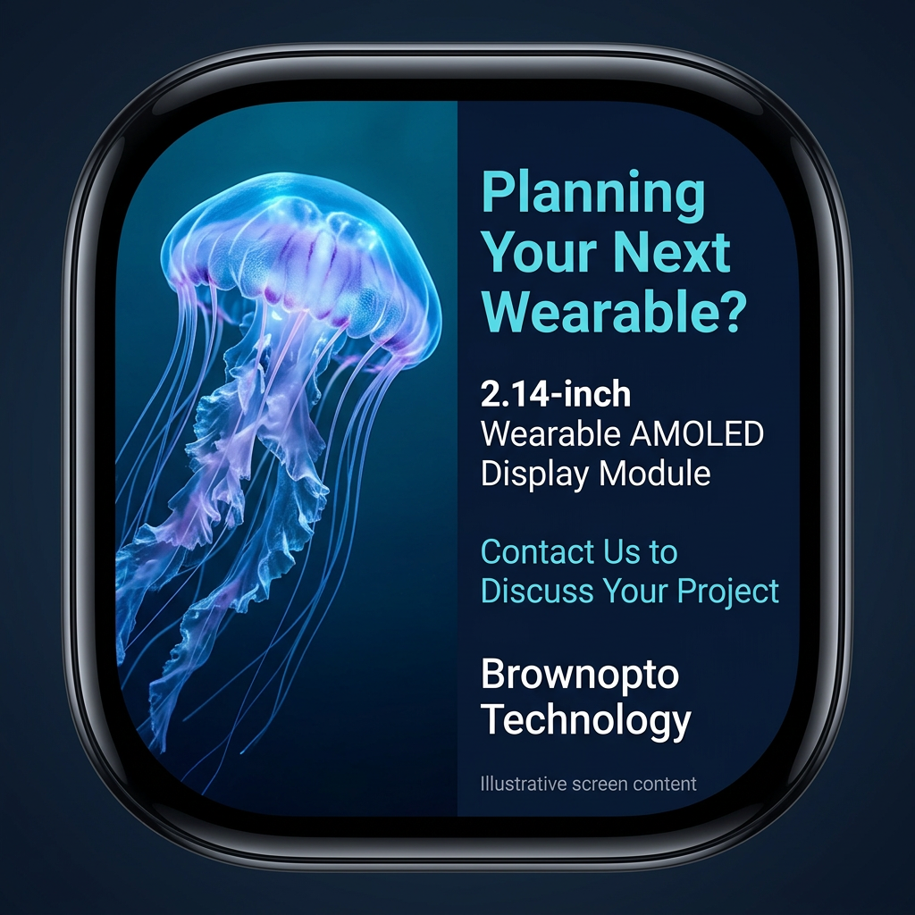 Brownopto 2.14-inch wearable AMOLED project inquiry with illustrative blue jellyfish screen
