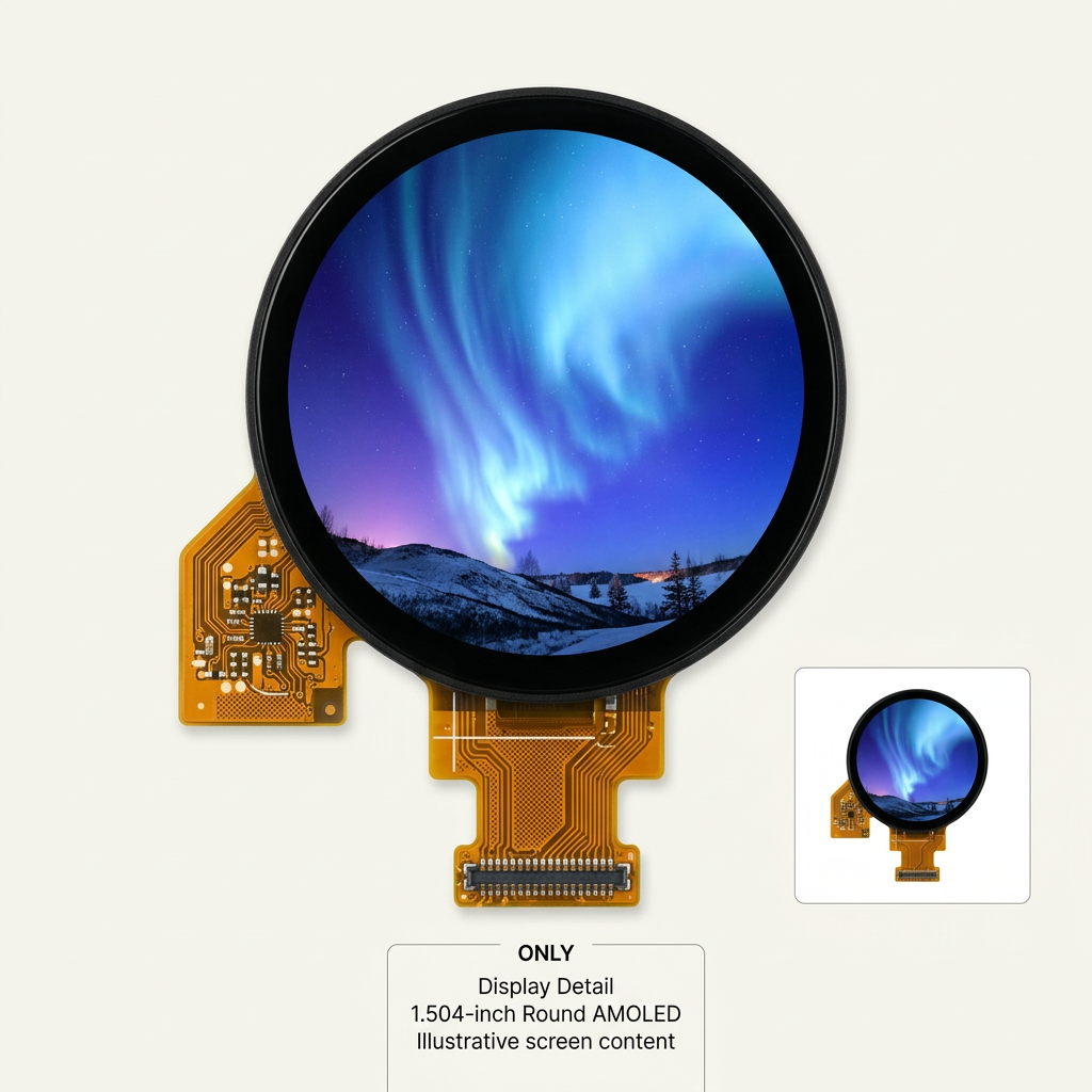 1.504-inch circular AMOLED screen detail with illustrative aurora landscape