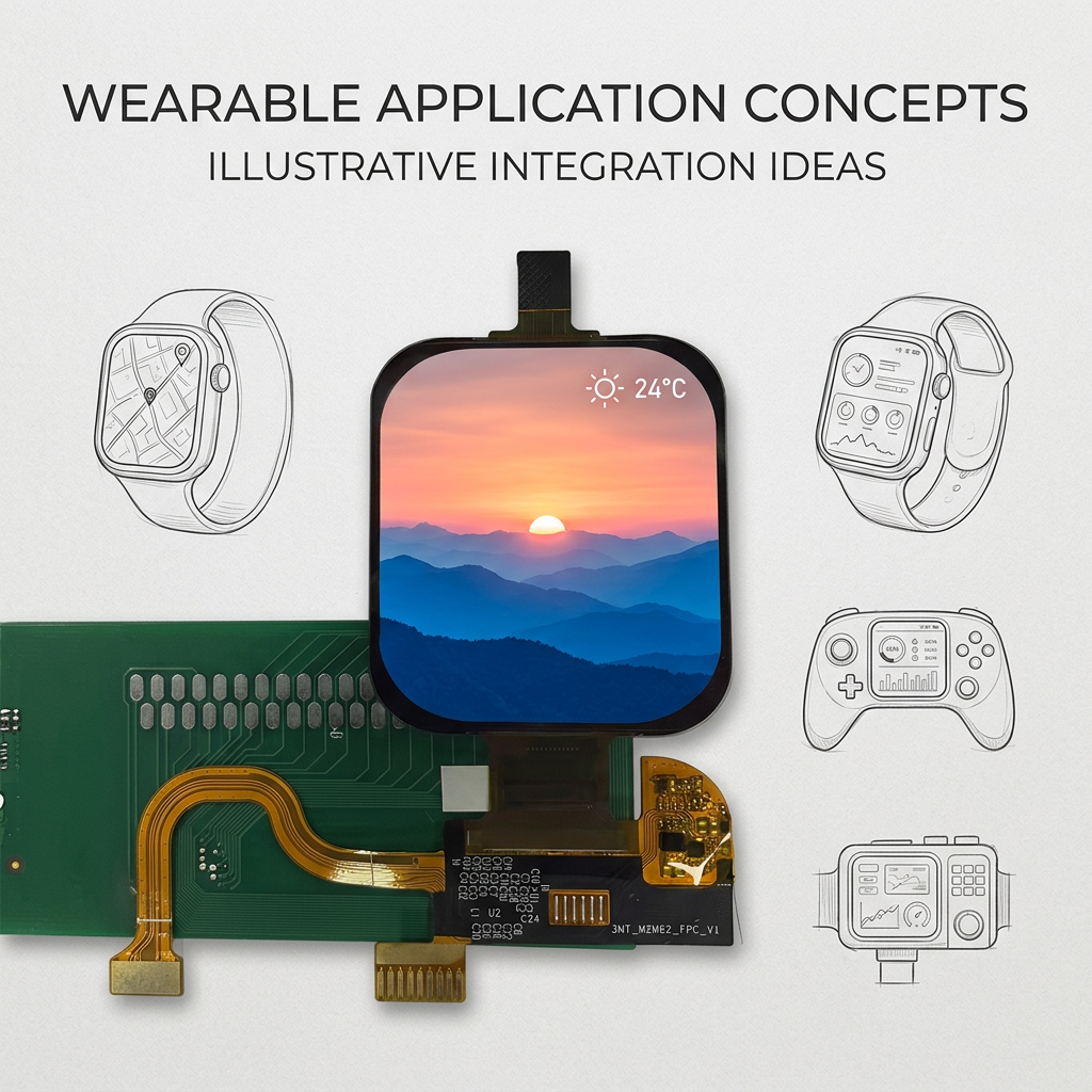 1.952-inch AMOLED wearable application concepts with illustrative mountain sunrise weather UI