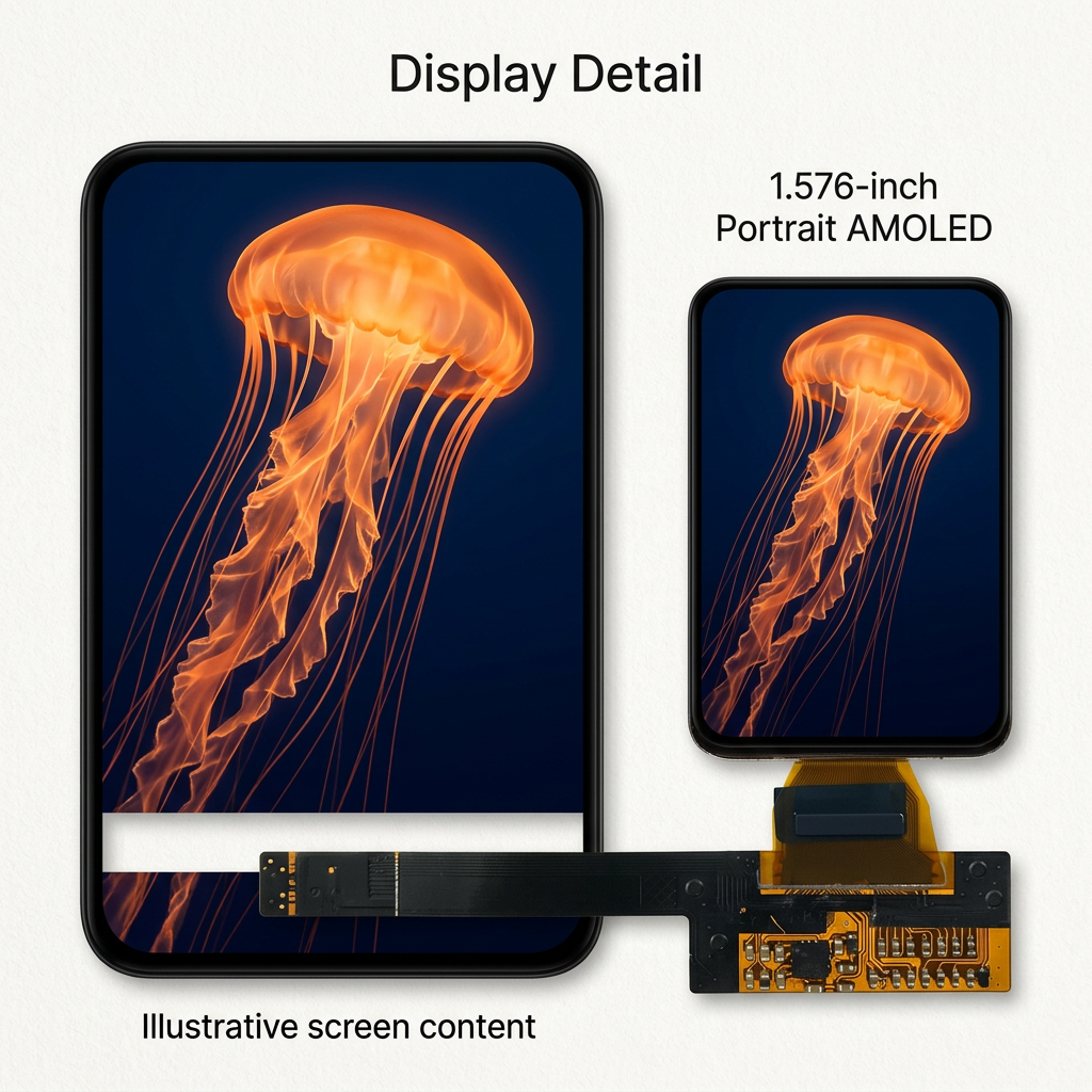 1.576-inch portrait AMOLED screen detail with illustrative jellyfish artwork