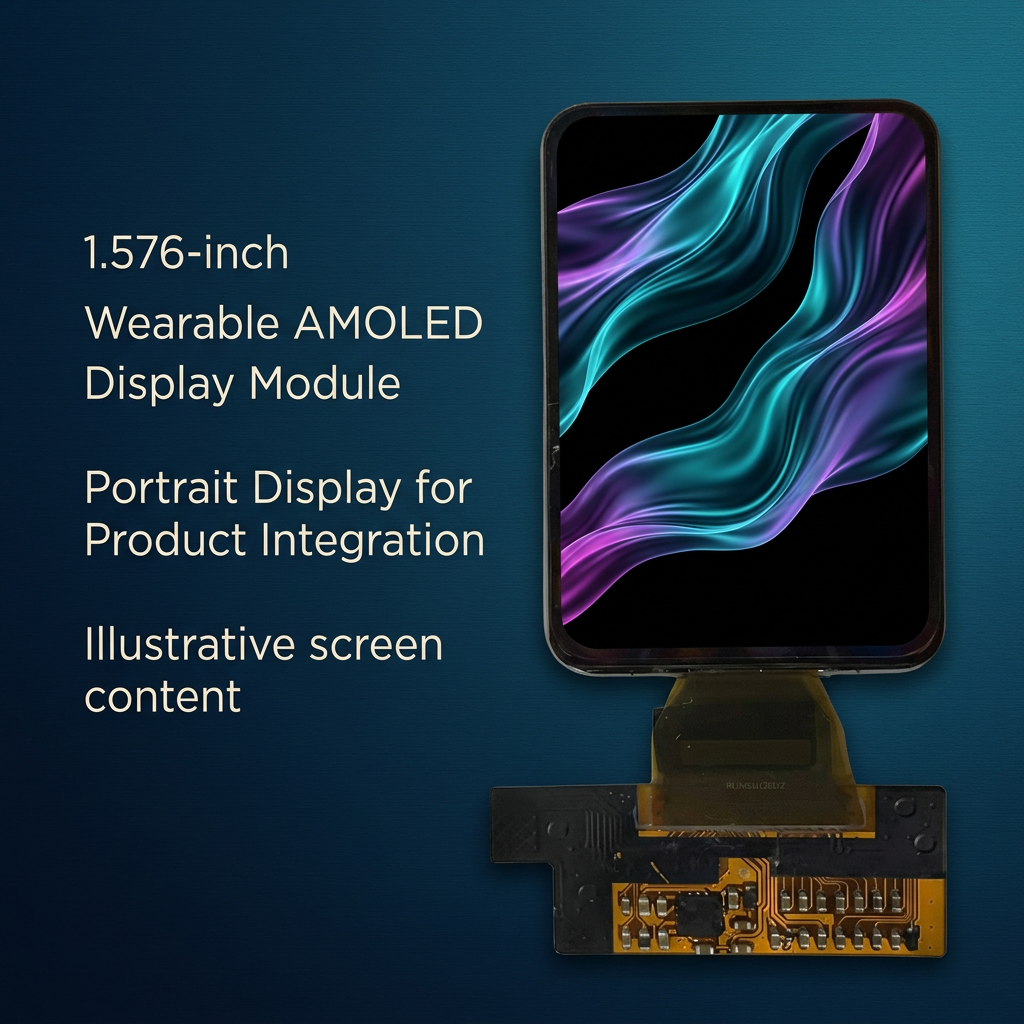 1.576-inch wearable AMOLED module overview with illustrative colorful flowing waves
