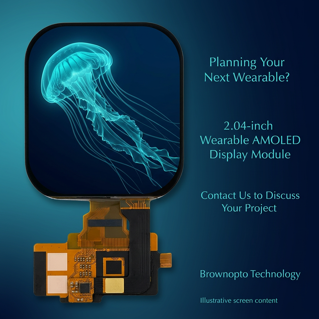 Brownopto 2.04-inch wearable AMOLED project inquiry with illustrative blue jellyfish screen