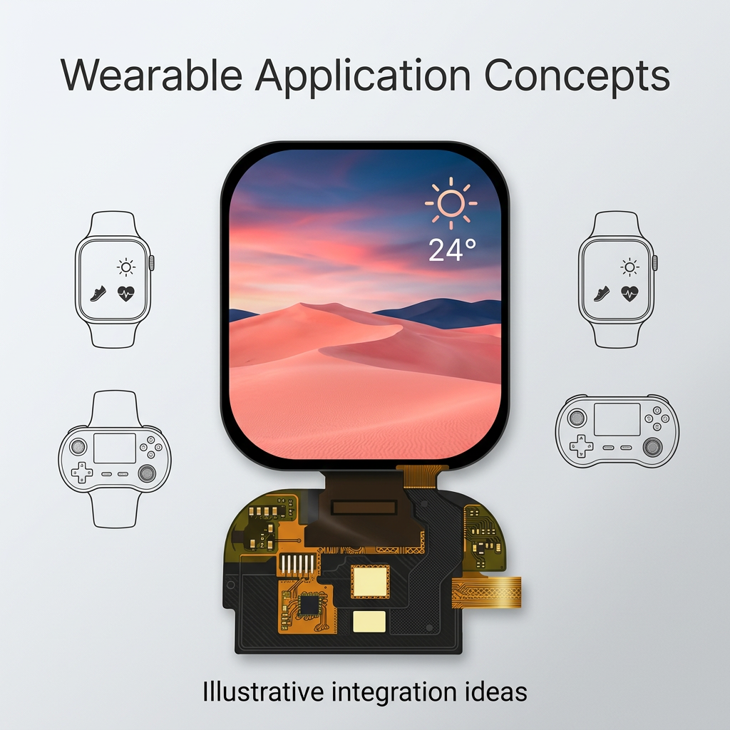 2.06-inch AMOLED wearable application concepts with illustrative desert weather UI