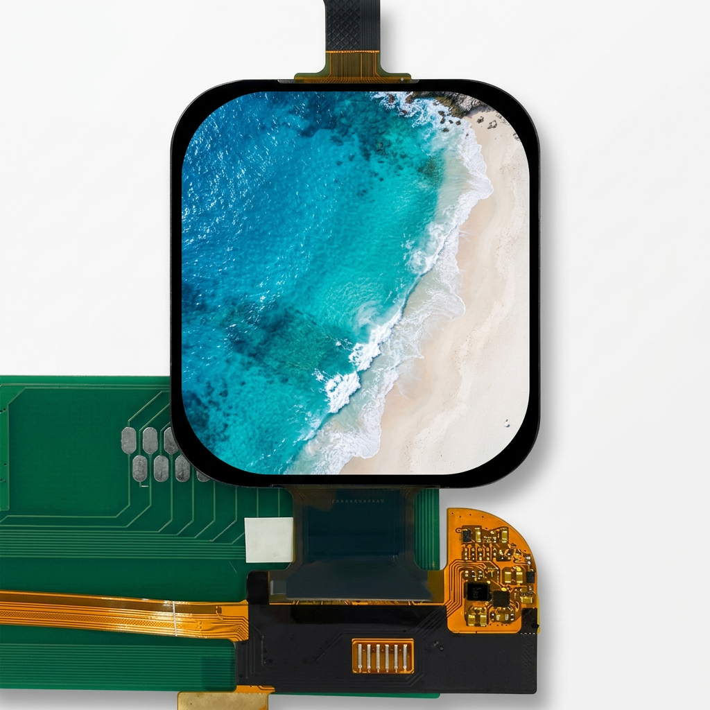 1.952-inch wearable AMOLED module with illustrative turquoise beach screen on white