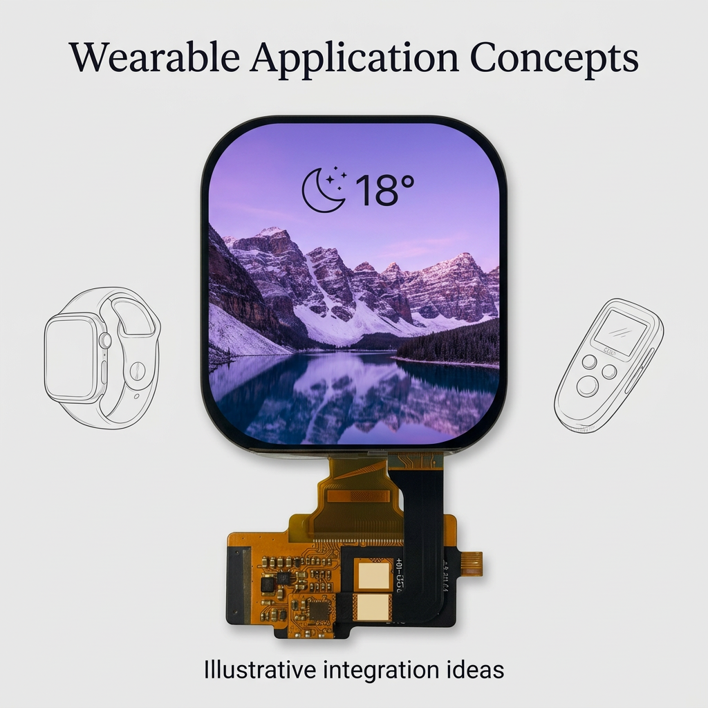 2.04-inch AMOLED wearable application concepts with illustrative mountain twilight weather UI