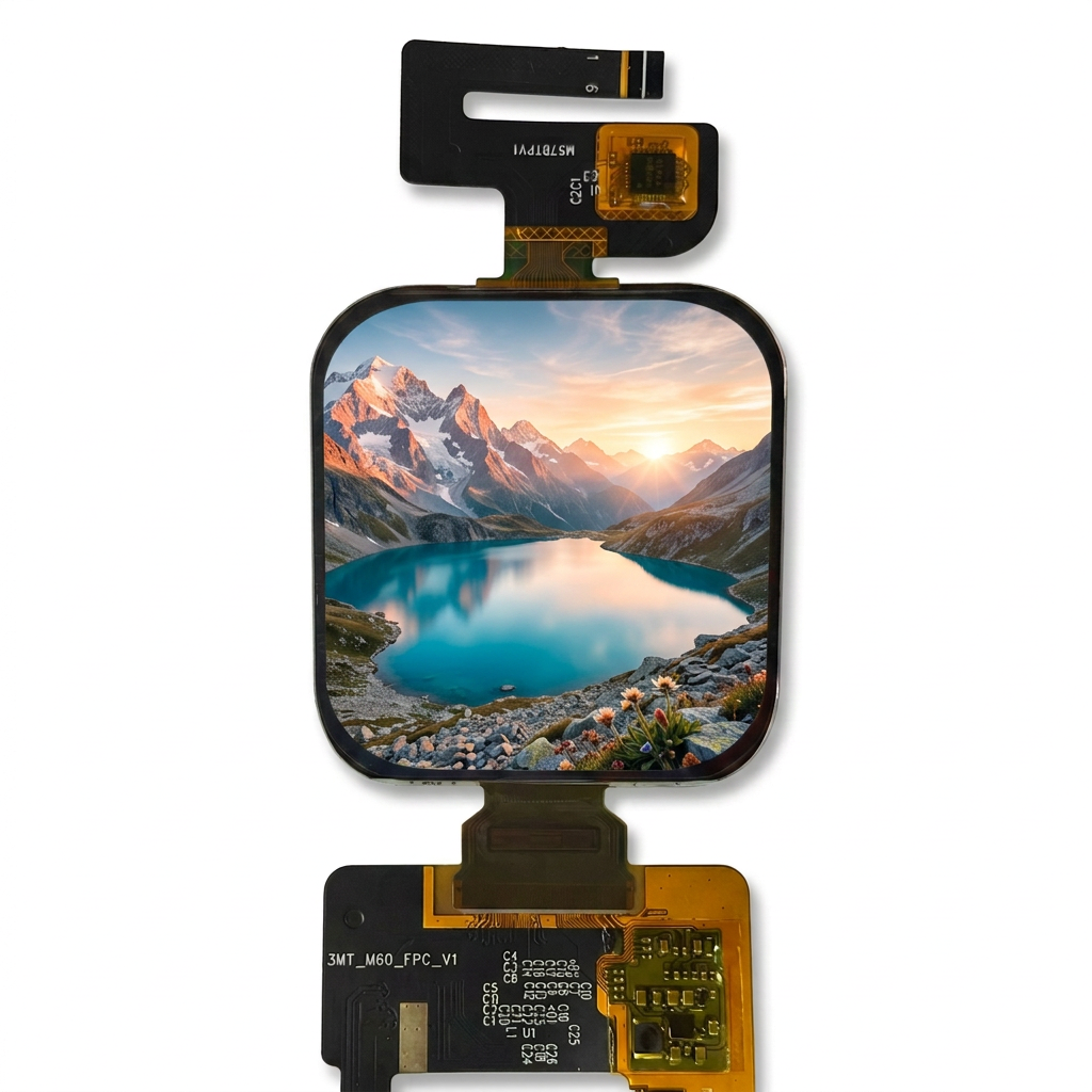 1.85-inch wearable AMOLED display module with illustrative alpine lake screen on white