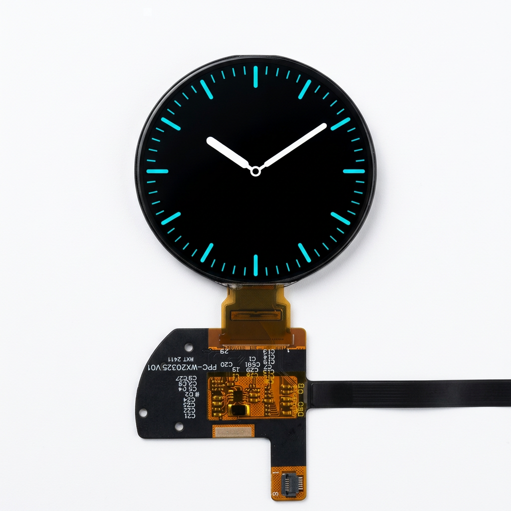 1.504-inch round wearable AMOLED display module with illustrative analog clock on white