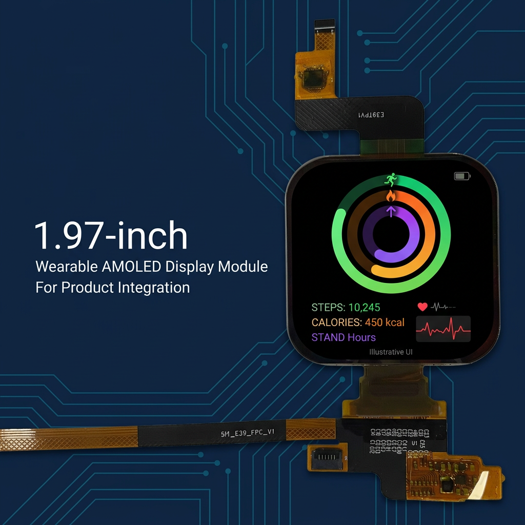 1.97-inch wearable AMOLED module overview with illustrative activity dashboard