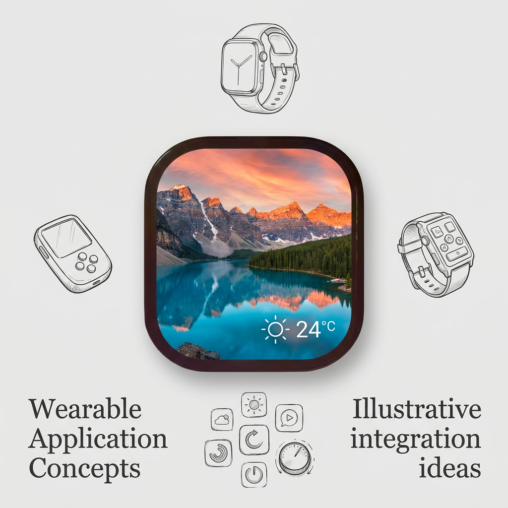 2.14-inch square AMOLED wearable application concepts with illustrative mountain lake weather UI