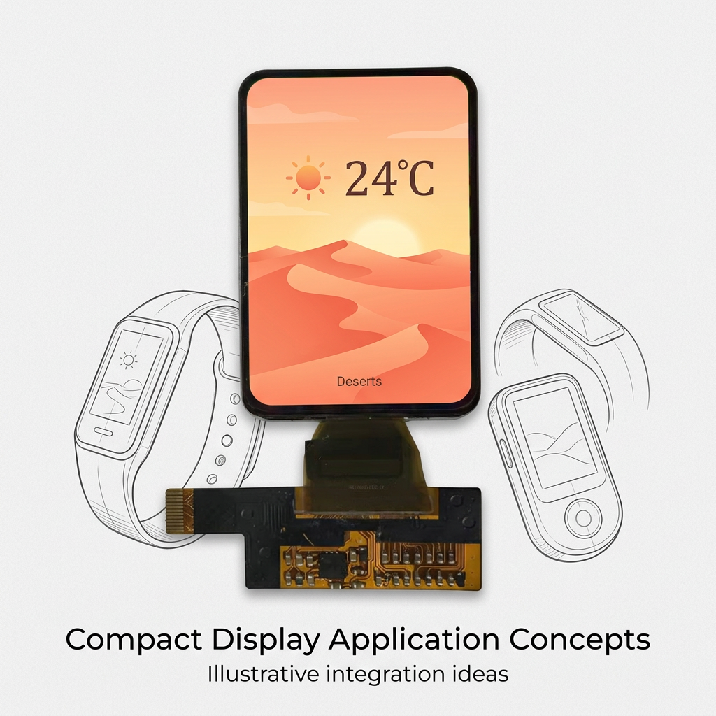 1.576-inch AMOLED compact display application concepts with illustrative desert weather UI