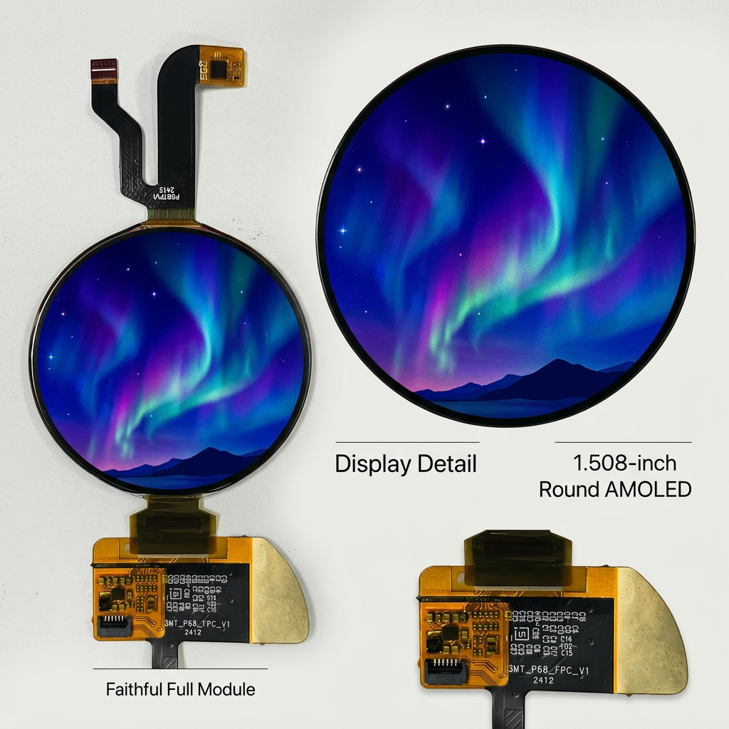 1.508-inch round AMOLED display detail with illustrative aurora landscape