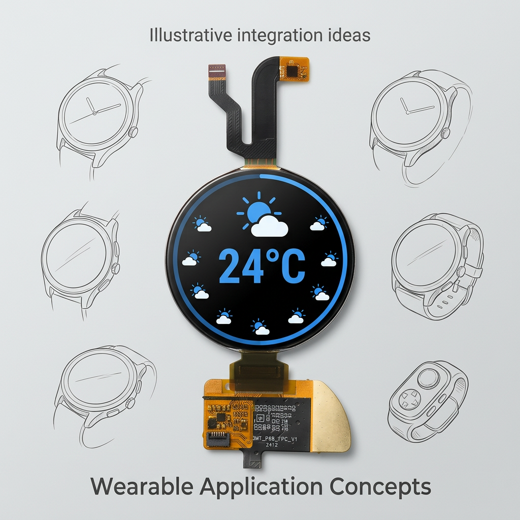 1.508-inch round AMOLED wearable application concepts with illustrative weather UI