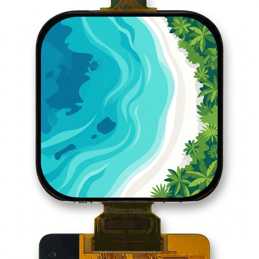 1.75-inch wearable AMOLED module with illustrative tropical lagoon screen on white