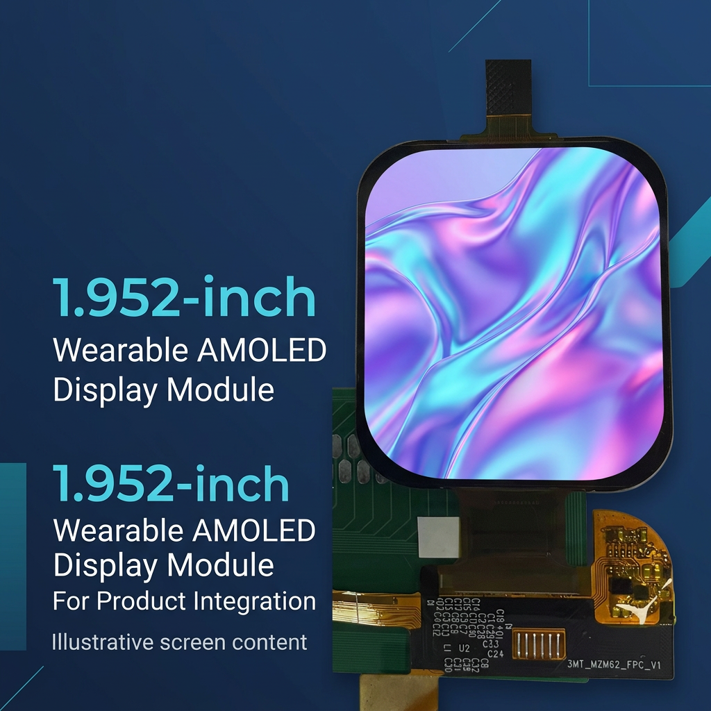 1.952-inch AMOLED module overview with illustrative colorful flowing silk artwork