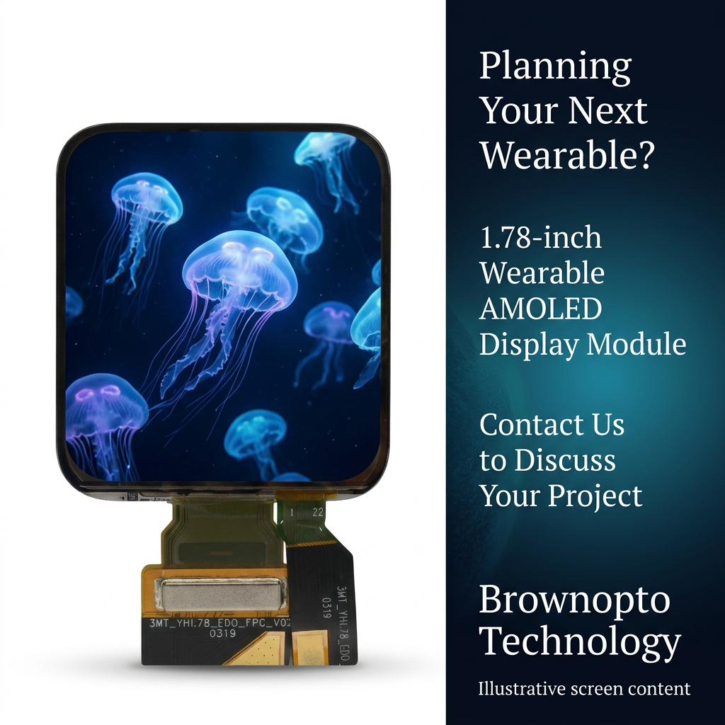 Brownopto 1.78-inch wearable AMOLED project inquiry with illustrative jellyfish screen
