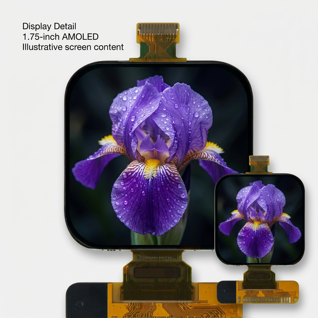 1.75-inch AMOLED display detail with illustrative violet iris screen
