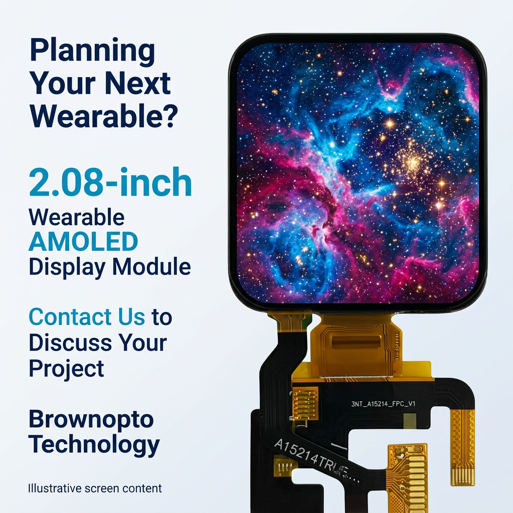 Brownopto 2.08-inch wearable AMOLED project inquiry with illustrative cosmic nebula screen