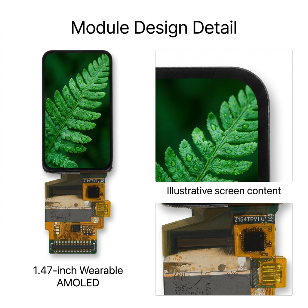 1.47-inch AMOLED module design detail with illustrative fern screen