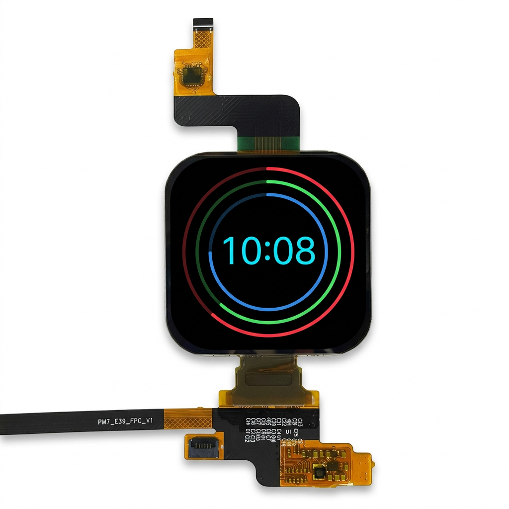 1.97-inch wearable AMOLED display module with illustrative digital clock screen on white