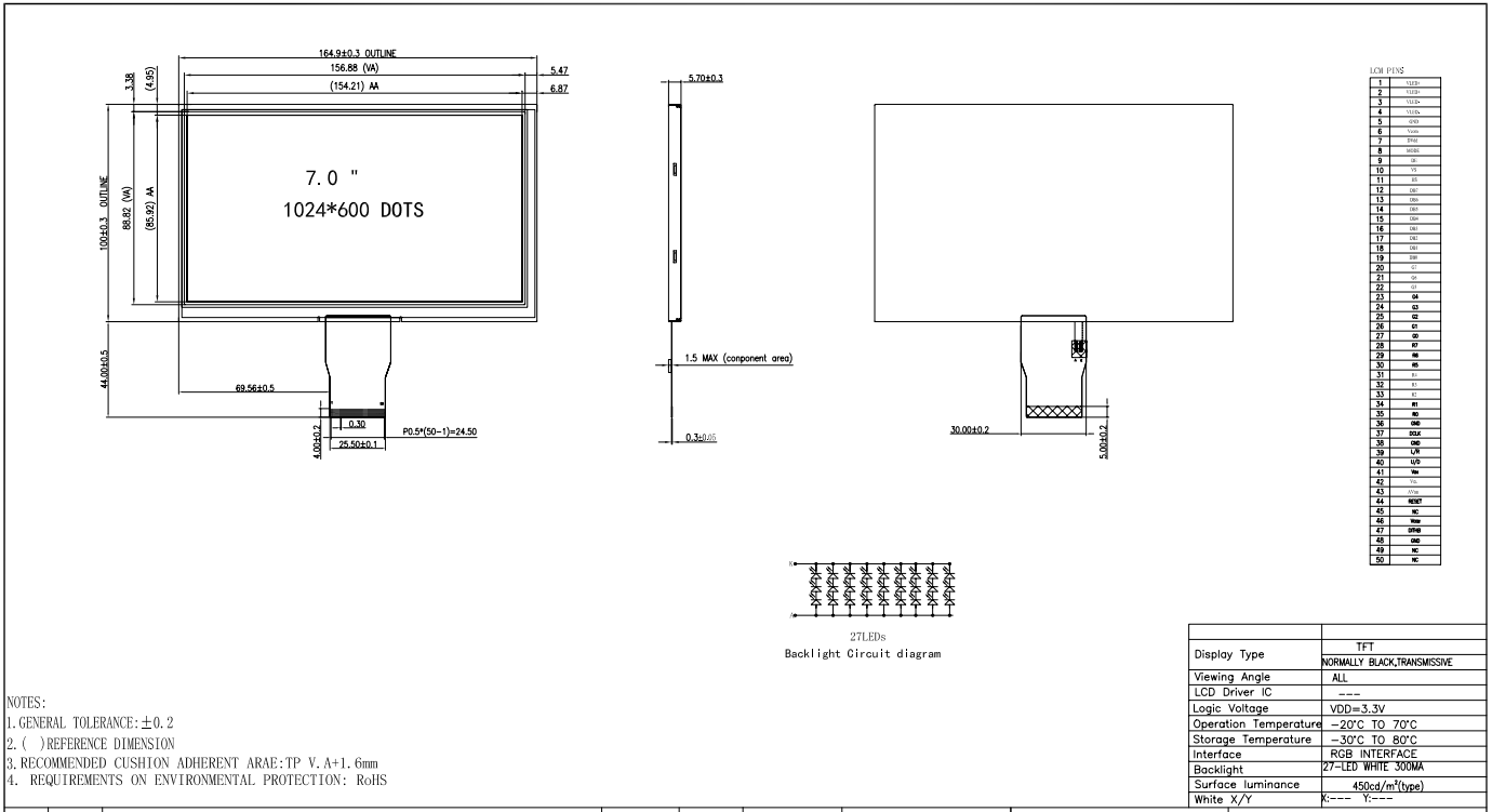 7,0 Zoll IPS TFT mit hoher Helligkeit 1024 x 600 Pixel ohne Touchscreen
