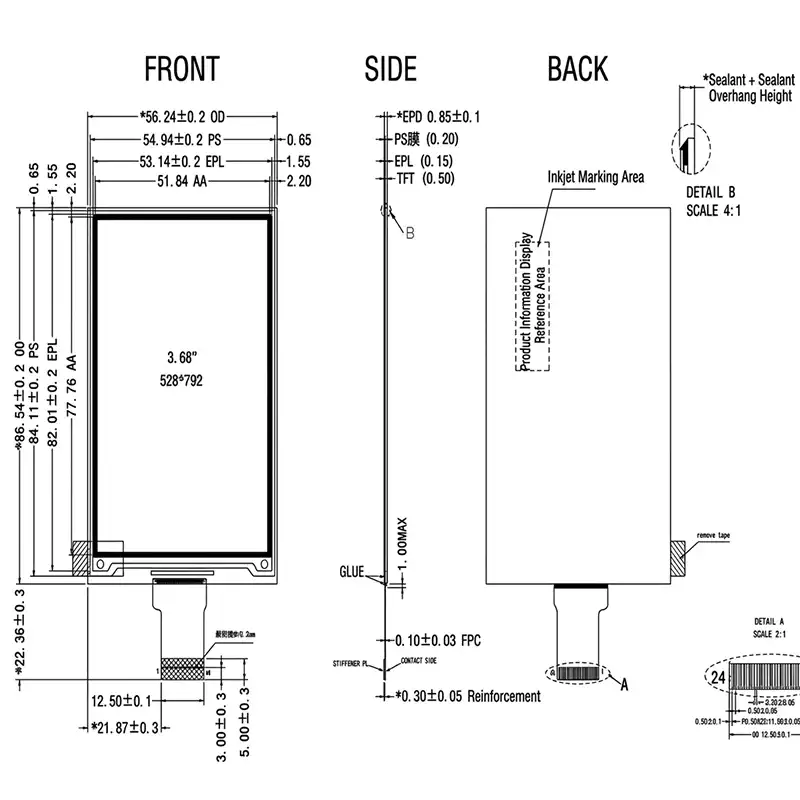 3.68 Inch 6-Color E-Paper Display 528×792 SPI EPD Module for Smart Labels and IoT Devices