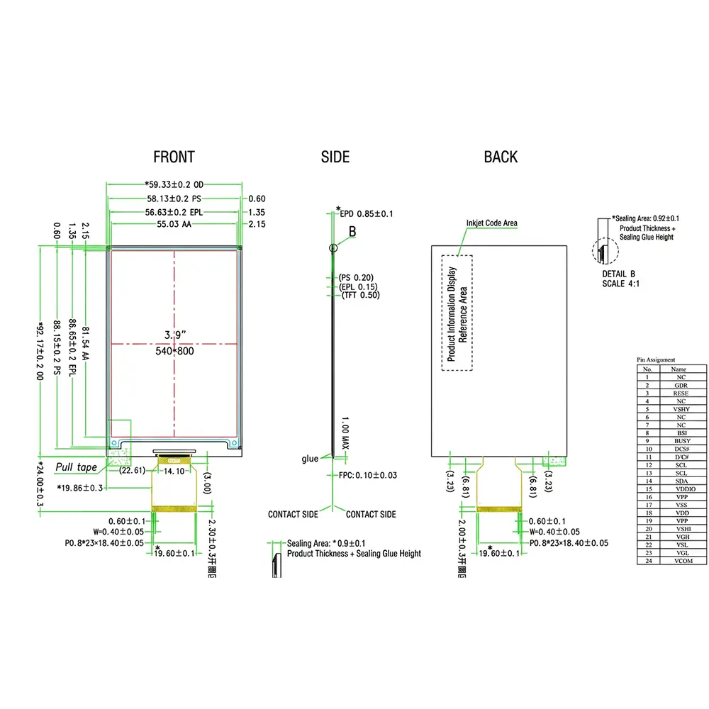 3.9 Inch 6-Color E-Paper Display 540×800 SPI EPD Module