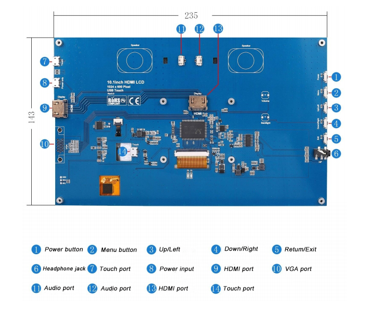 10,1 Zoll IPS 1024x600px TFT-Touchscreen mit 5-Punkt-Touch-Unterstützung
