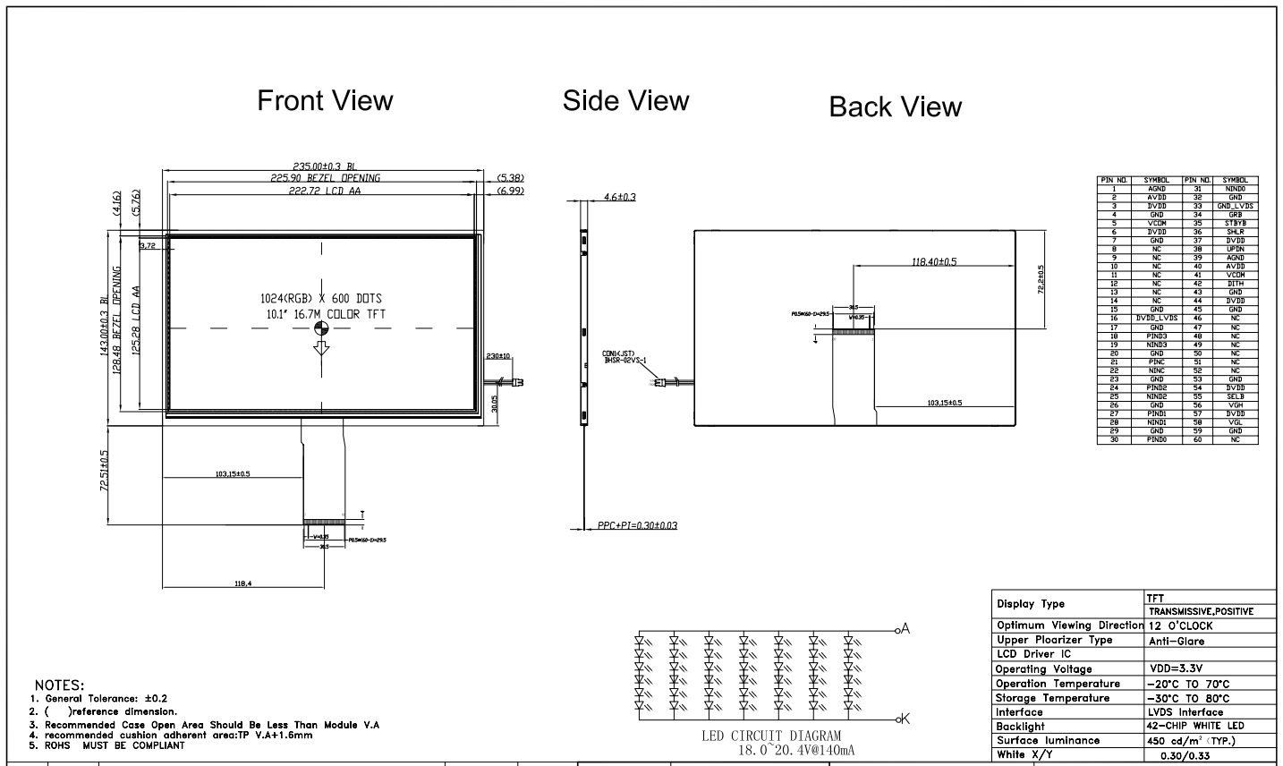 10.1 inch Standard 1024x600px LVDS Interface High brightness TFT without Touchscreen