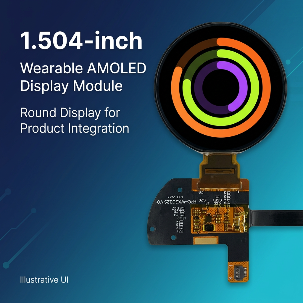 1.504-inch round AMOLED module overview with illustrative activity rings