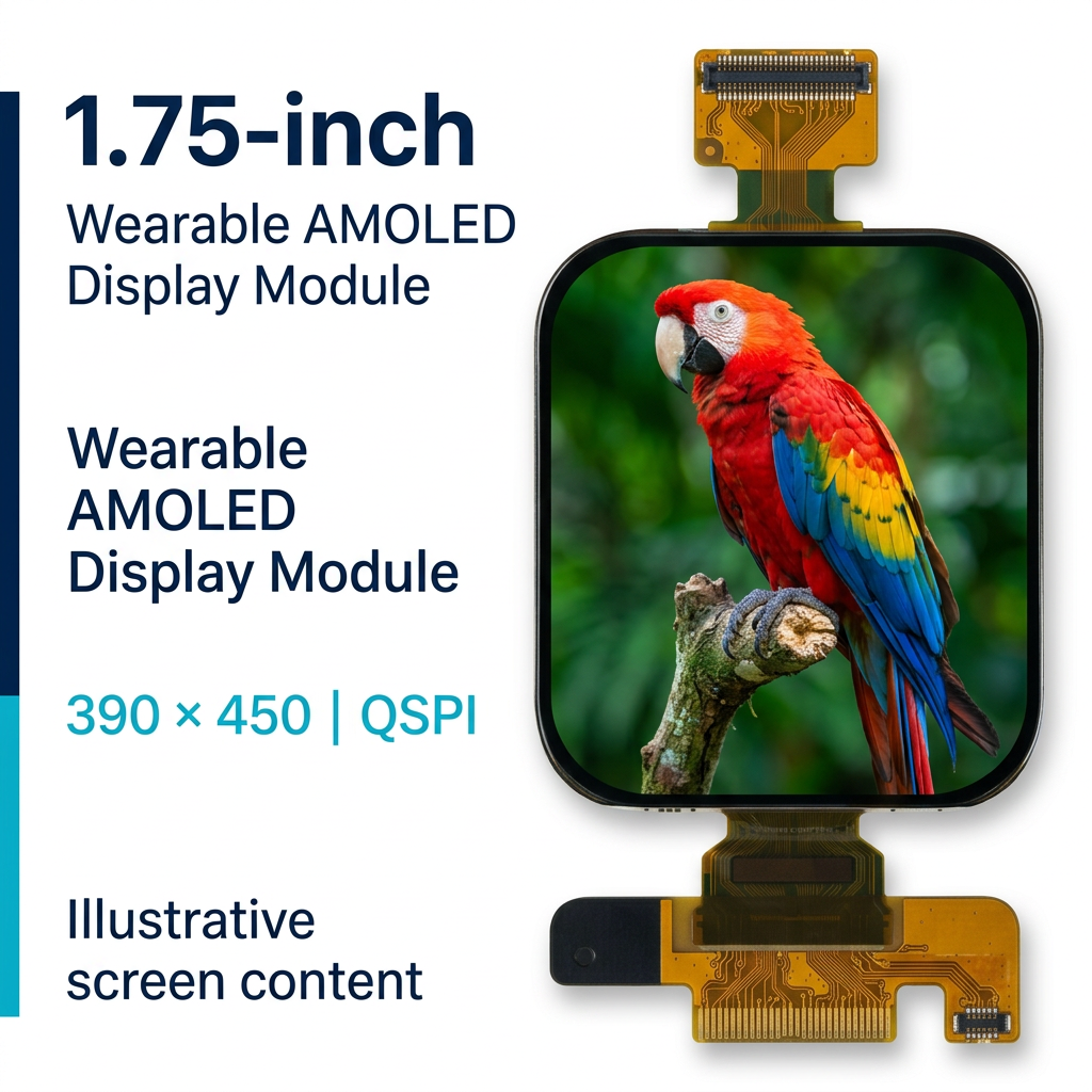 1.75-inch 390x450 QSPI AMOLED overview with illustrative scarlet macaw screen