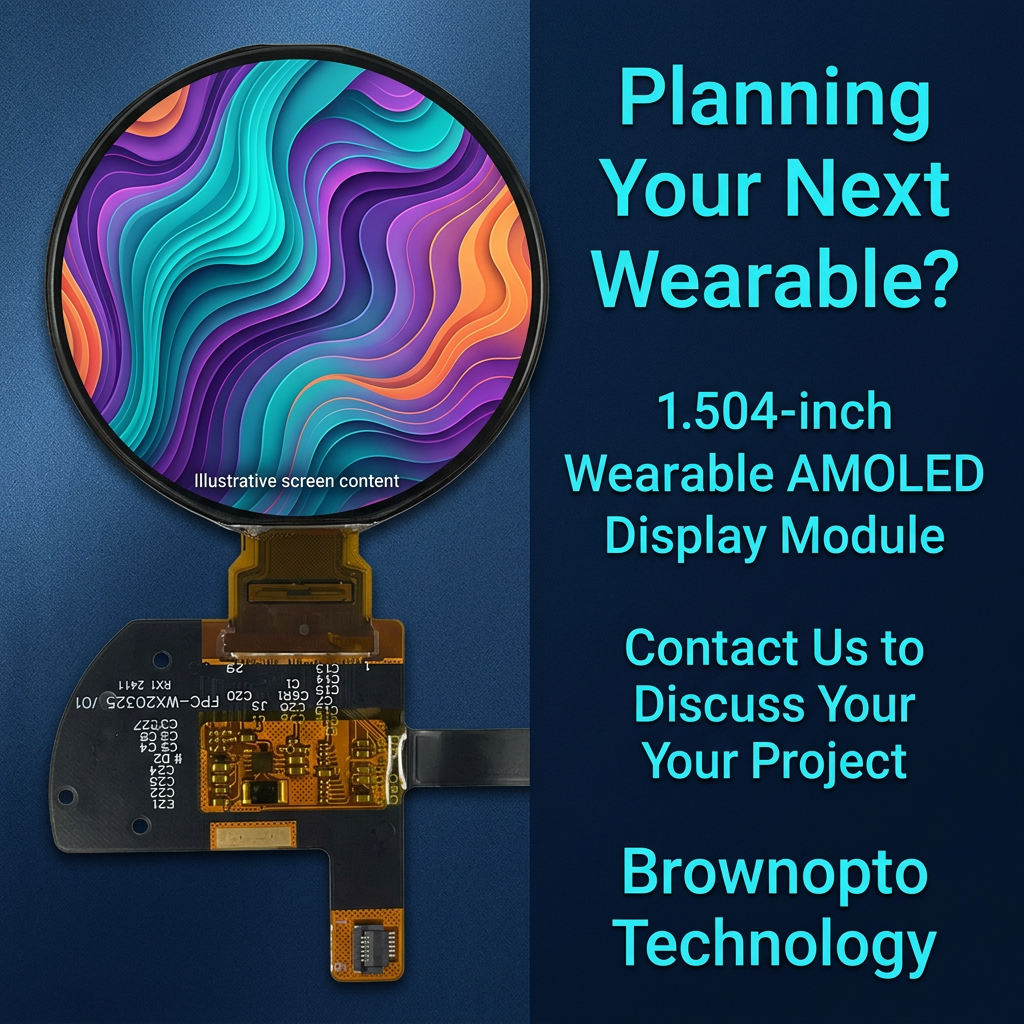 Brownopto 1.504-inch wearable AMOLED project inquiry with illustrative abstract screen