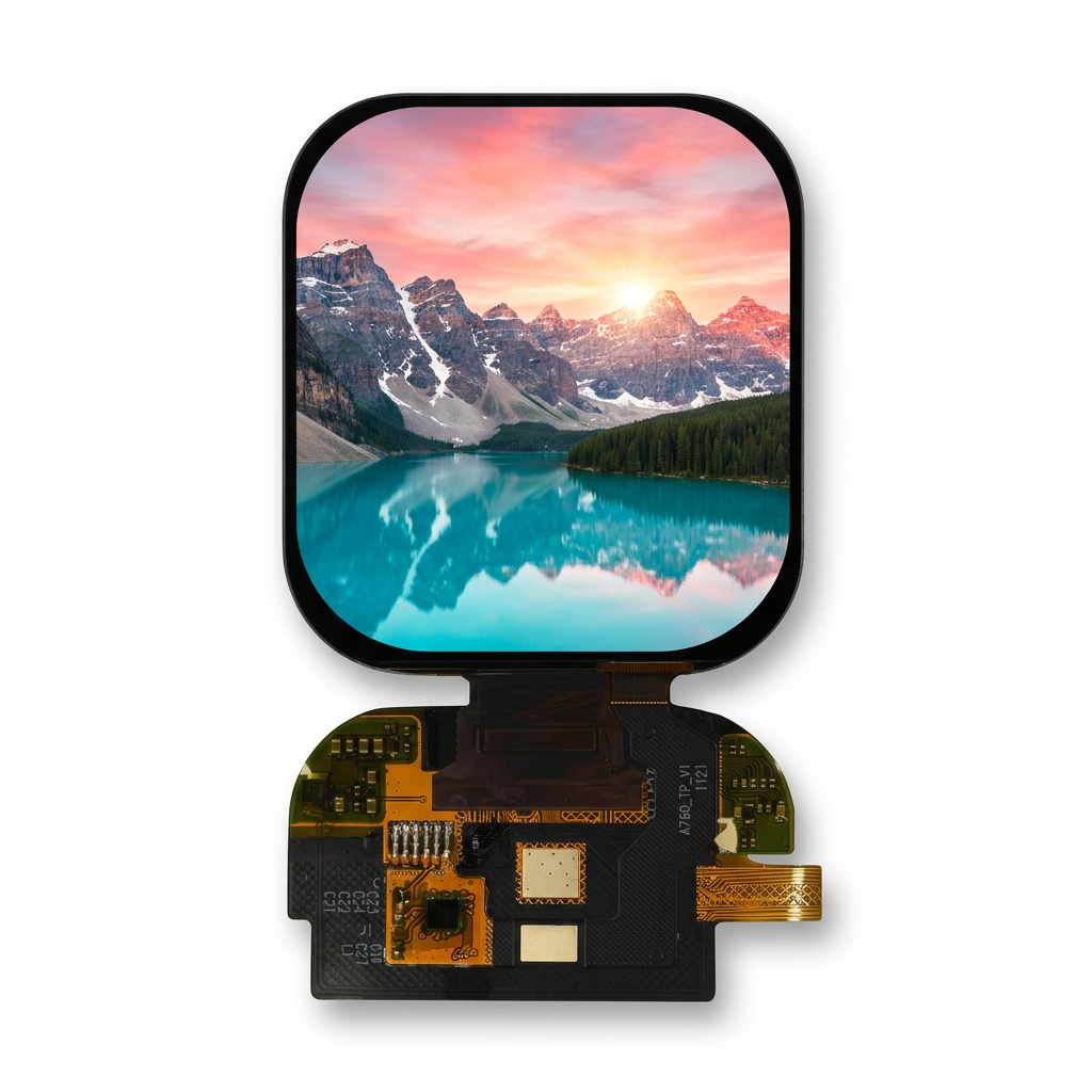 2.06-inch wearable AMOLED module with illustrative mountain lake screen on white