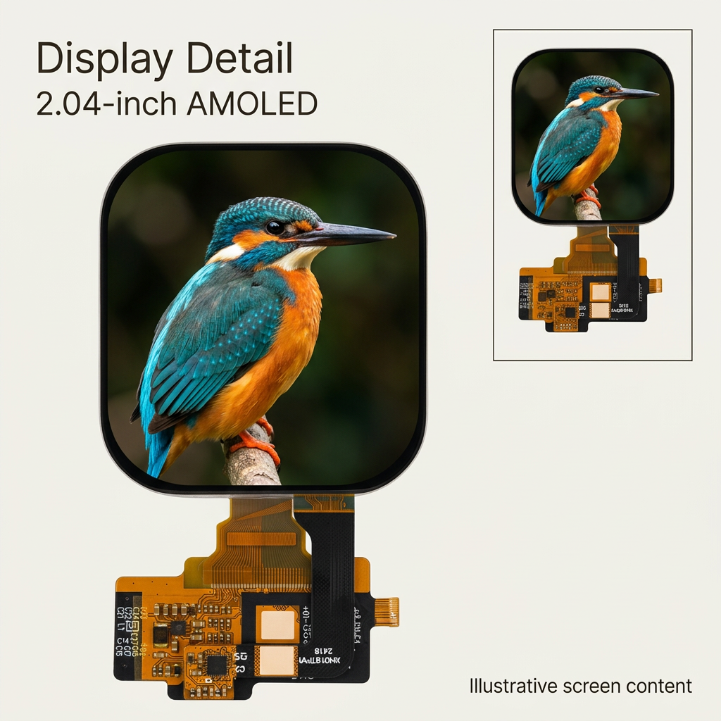 2.04-inch AMOLED display detail with illustrative kingfisher bird artwork